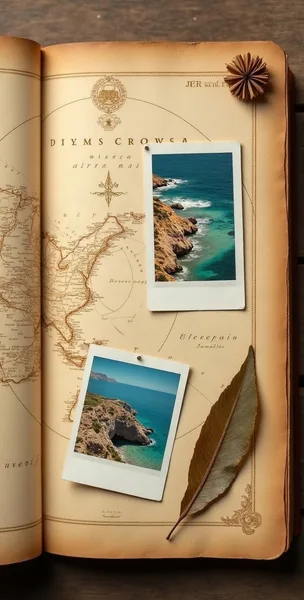 Odyssey Journal, aufgeschlagen auf einer Reise-Doppelseite mit Polaroidfotos von der Amalfiküste und handschriftlichen Notizen.