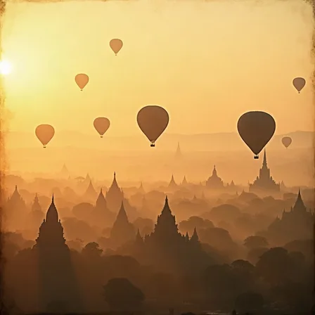 Heißluftballons über Bagan bei Sonnenaufgang.
