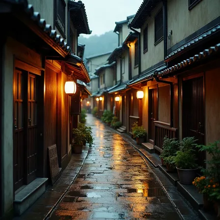 Regennasse Gasse in Gion, Kyoto, in der Dämmerung.