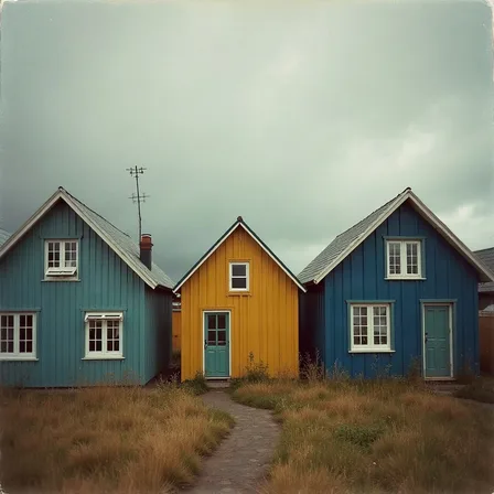 Bunte Wellblechhäuser in Reykjavík unter einem trüben Himmel.