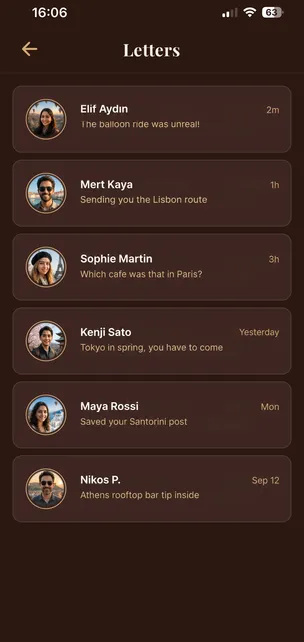 The Letters inbox in Odyssey Journal, with sample conversations.