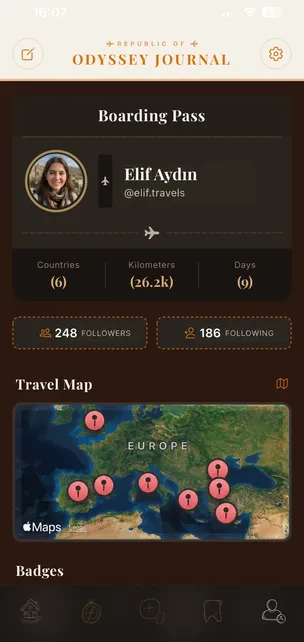 A traveler's profile in Odyssey Journal with the boarding pass, followers and travel map (sample account).
